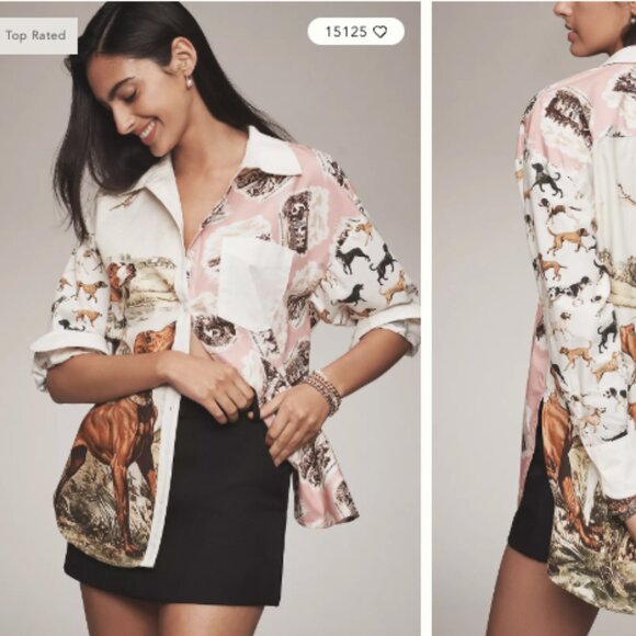Anthropologie Maeve The Bennet Buttondown Shirt Pink Dog Pattern Graphic S SP - Picture 1 of 7